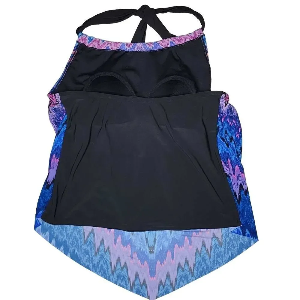 Aqua Green High Neck Angled Tankini Top Multicolor Size Large